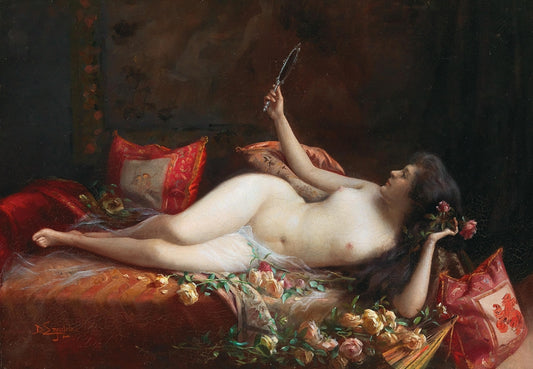 Enjolras - Hölgy tükörrel és rózsákkal a kanapén