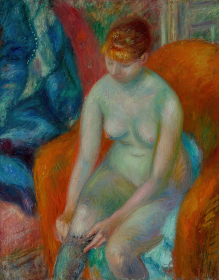 Glackens - Harisnyát húzó lány aktja