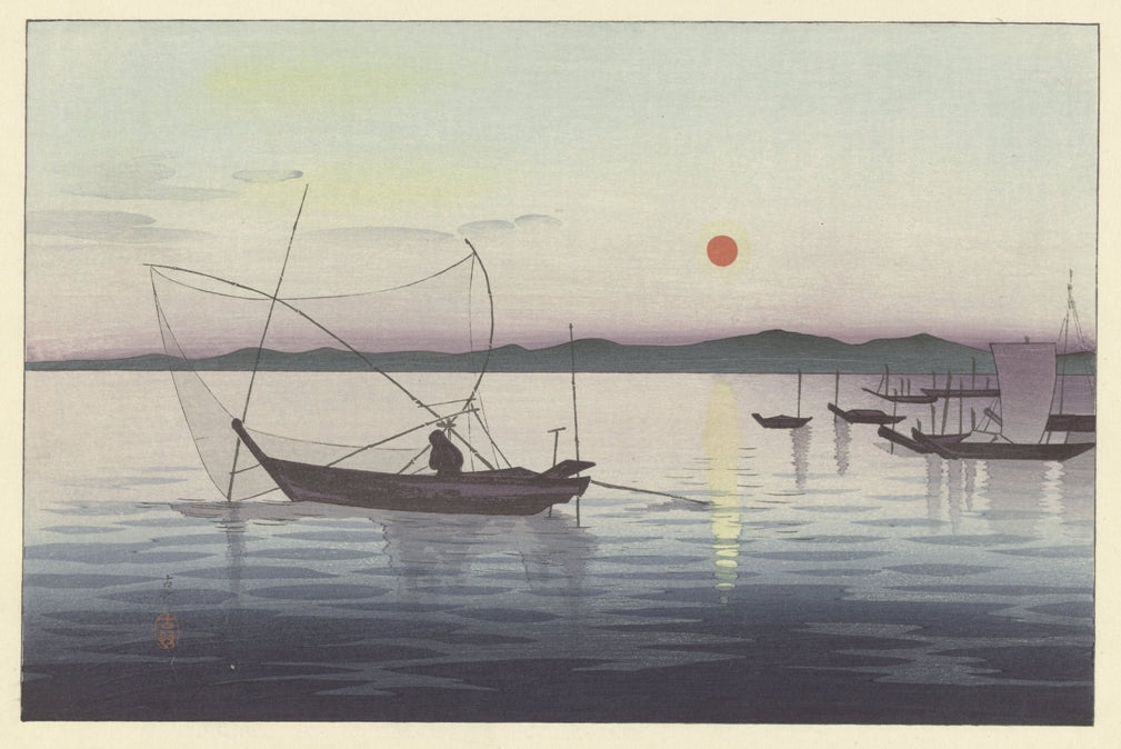 Ohara Koson - Halászcsónakok a lenyugvó nap előtt