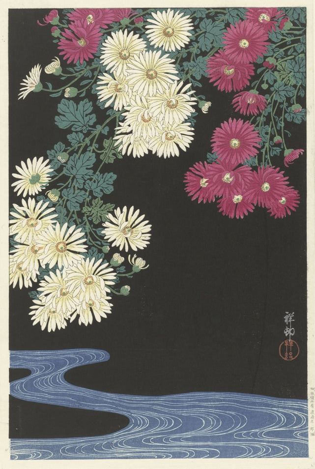 Ohara Koson - Krizantémok a folyó felett